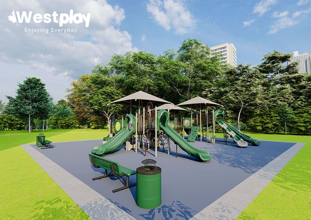Students' outdoor play area with climbing structure and safety surfacing