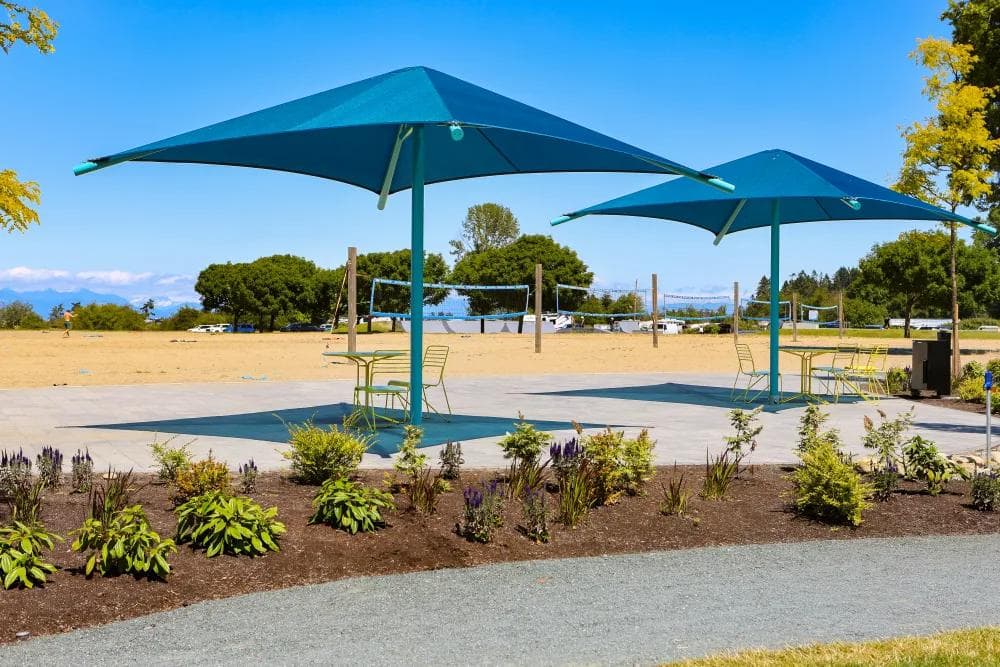 Cantilever park shelter with a green roof covering benches on a concrete pad beside a pond